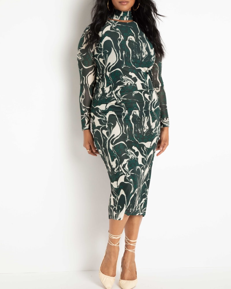 Front of a model wearing a size 14 Gemma Floating Mock Neck Mesh Dress in Stone Wild by ELOQUII. | dia_product_style_image_id:236599